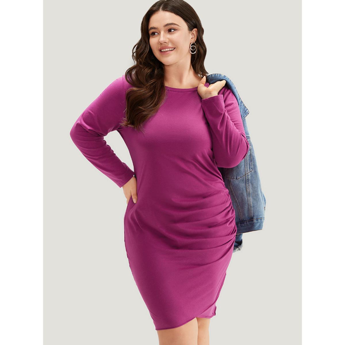 Plus Size Supersoft Essentials Solid Crew Neck Gathered Dress RedViolet Women Casual Gathered Round Neck Long Sleeve Curvy Knee Dress BloomChic 22-24/3X Product Image