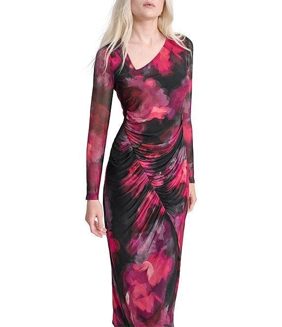 DKNY by Donna Karan Printed Knit Asymmetrical Neck Long Sleeves Cinched Sheath Dress Product Image