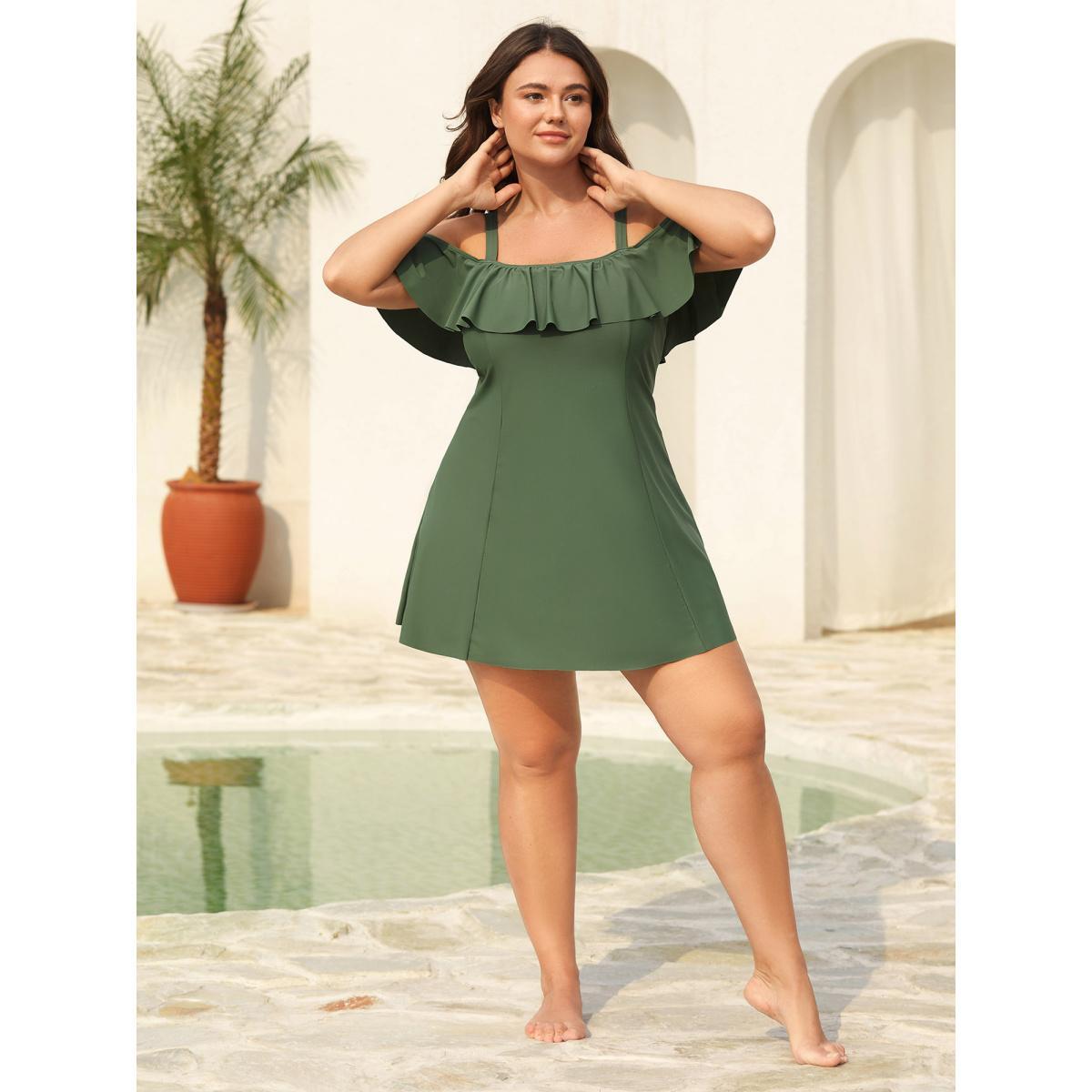 Plus Size Ruffled Non-Removable Cups Swim Dress Women's Swimwear ArmyGreen Beach Bodycon One-shoulder neck High stretch Curve Swim Dresses BloomChic 22-24/3X Product Image