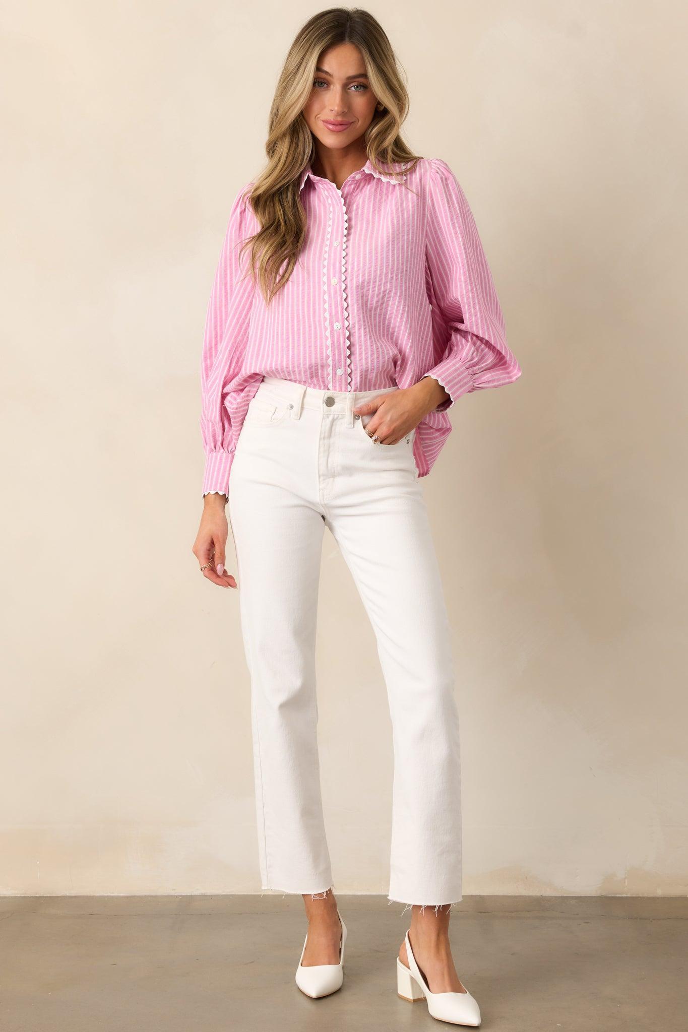 In the Quiet Shade Pink Button Front Blouse Product Image