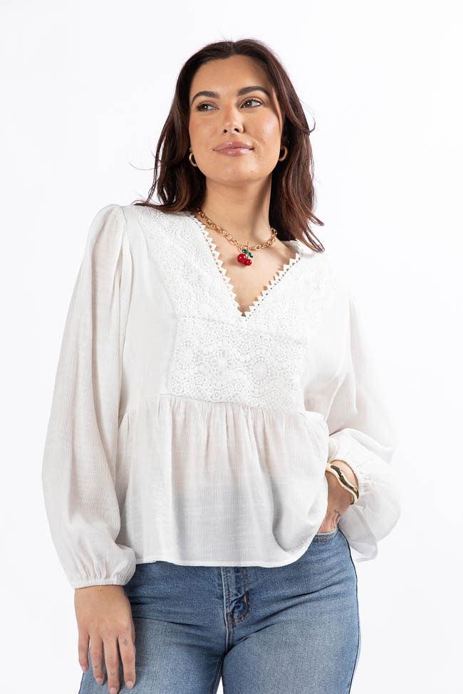 Glistening Lights Ivory Lace Detail Woven Long Sleeve Blouse SALE Product Image