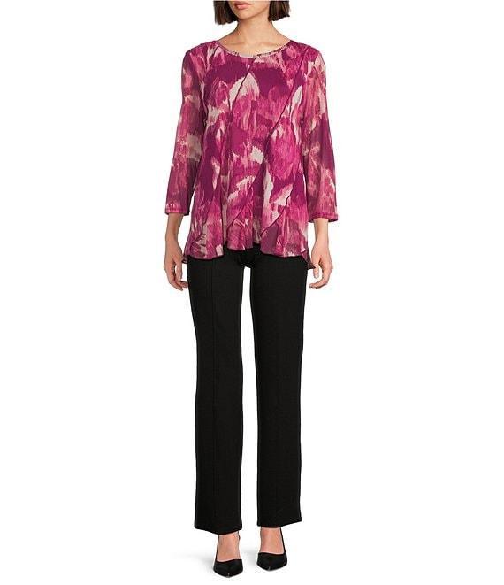 Slim Factor by Investments Blur Print Crew Neck Long Sleeve Ruffled Hem Lined Top Product Image