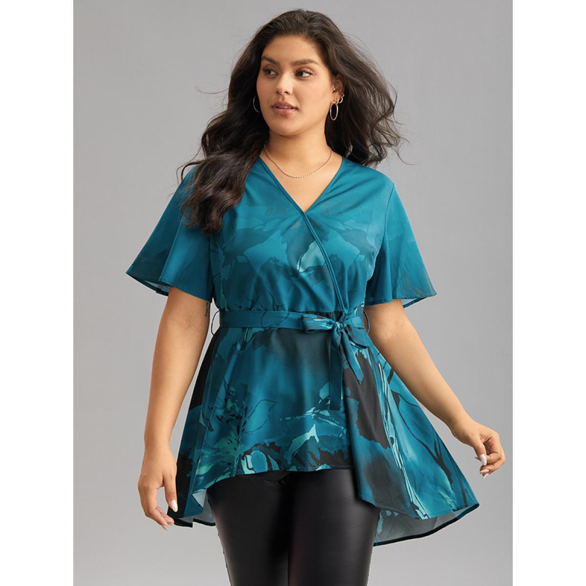 Plus Size Aegean Boho Print Wrap Ruffle Sleeve Blouse Women Elegant Short sleeve V-neck Dailywear Blouses BloomChic 18-20/2X Product Image
