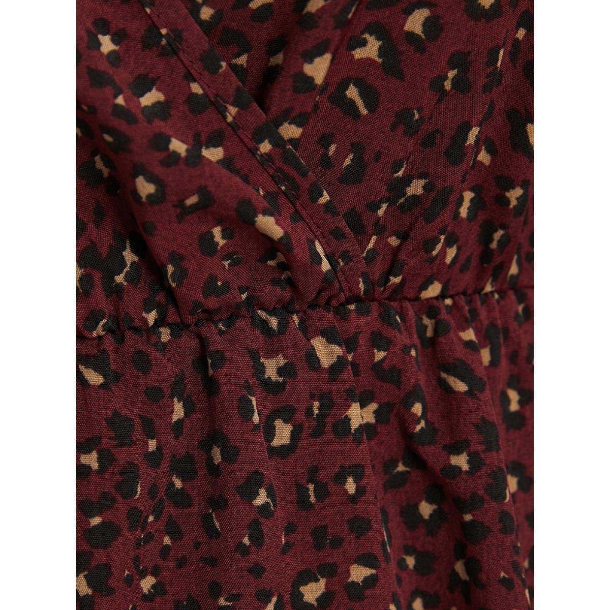 Plus Size Leopard Lantern Sleeve Pocket Wrap Midi Dress Scarlet Women Office Elastic Waist V-neck Long Sleeve Curvy Midi Dress BloomChic 30/6X Product Image