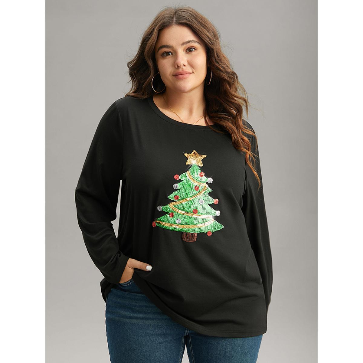 Plus Size Christmas Trees Sequin Round Neck T-shirt Black Women Casual Sequin Christmas Festival-Christmas T-shirts BloomChic 14-16/1X Product Image