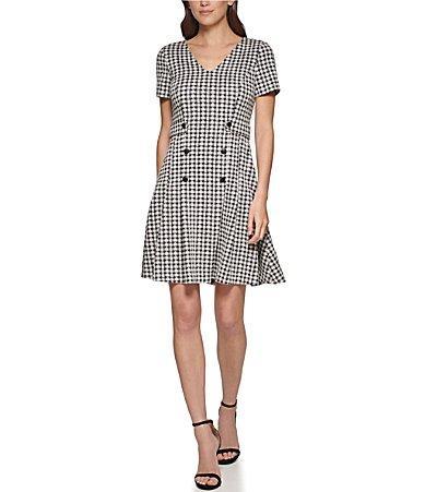 DKNY V-Neck Double Button Fit-and-Flare Ivy) Women's Clothing Product Image