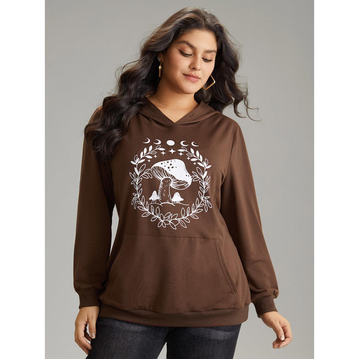 Plus Size Plants Print Hooded Kangaroo Pocket Sweatshirt Women DarkBrown Casual Printed Dailywear Sweatshirts BloomChic 26/4X Product Image