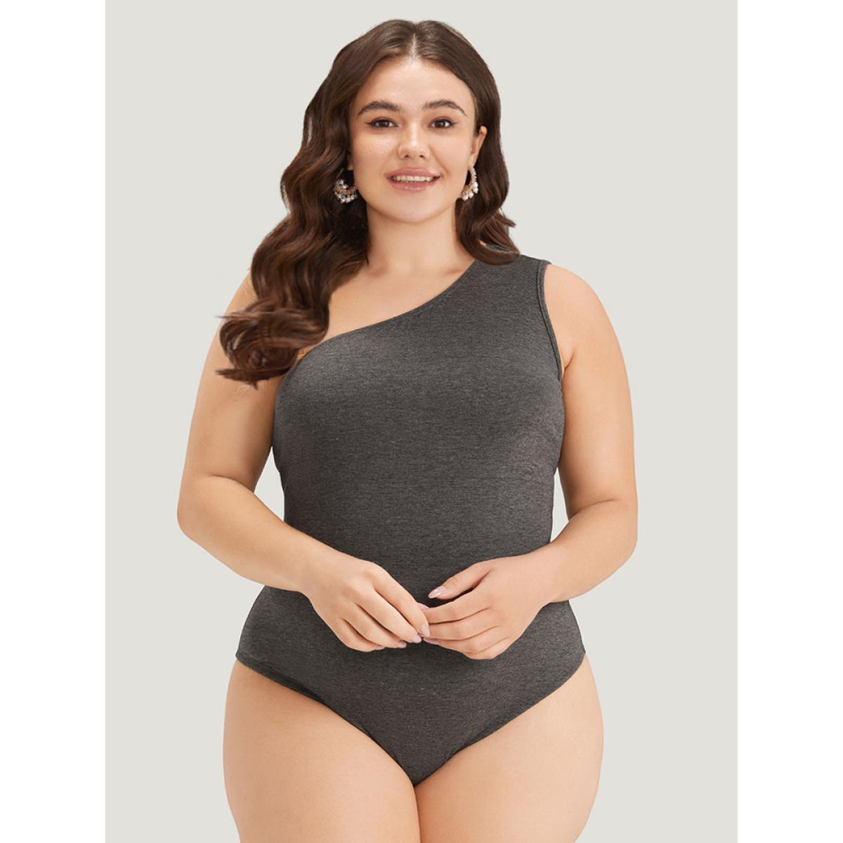 Plus Size Plain One Shoulder Slightly Stretchy Bodysuit Women DimGray Plain Plain Bodysuits BloomChic 30/6X Product Image