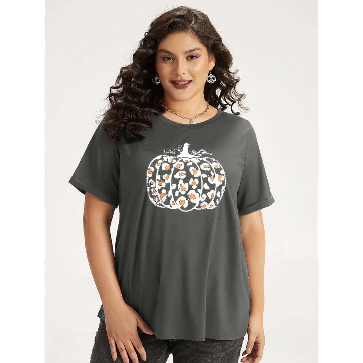 Plus Size Halloween Pumpkin Print Crew Neck T-shirt DimGray Women Casual Printed Halloween Dailywear T-shirts BloomChic 14-16/1X Product Image