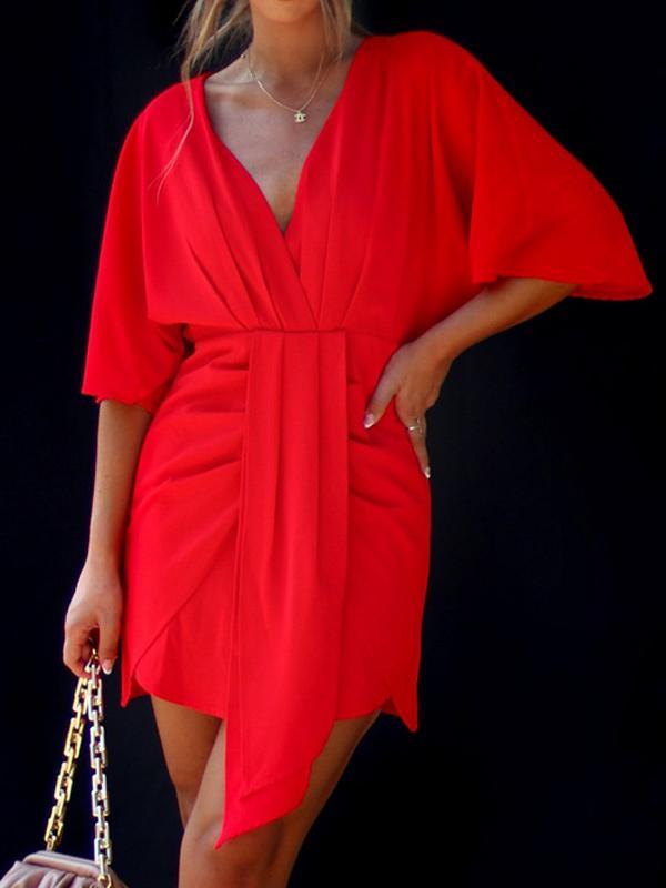 Batwing Sleeves Skinny Pleated Solid Color Split-Joint V-Neck Mini Dresses Product Image