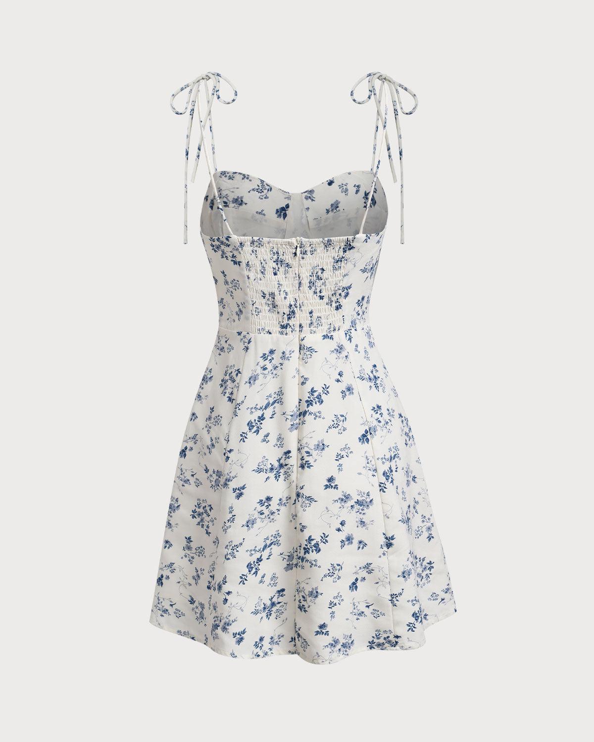White Floral Shirred Tie Strap Mini Dress Product Image
