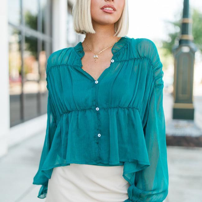Breathe Deeper Jade Sheer Ruched Blouse FINAL SALE Product Image