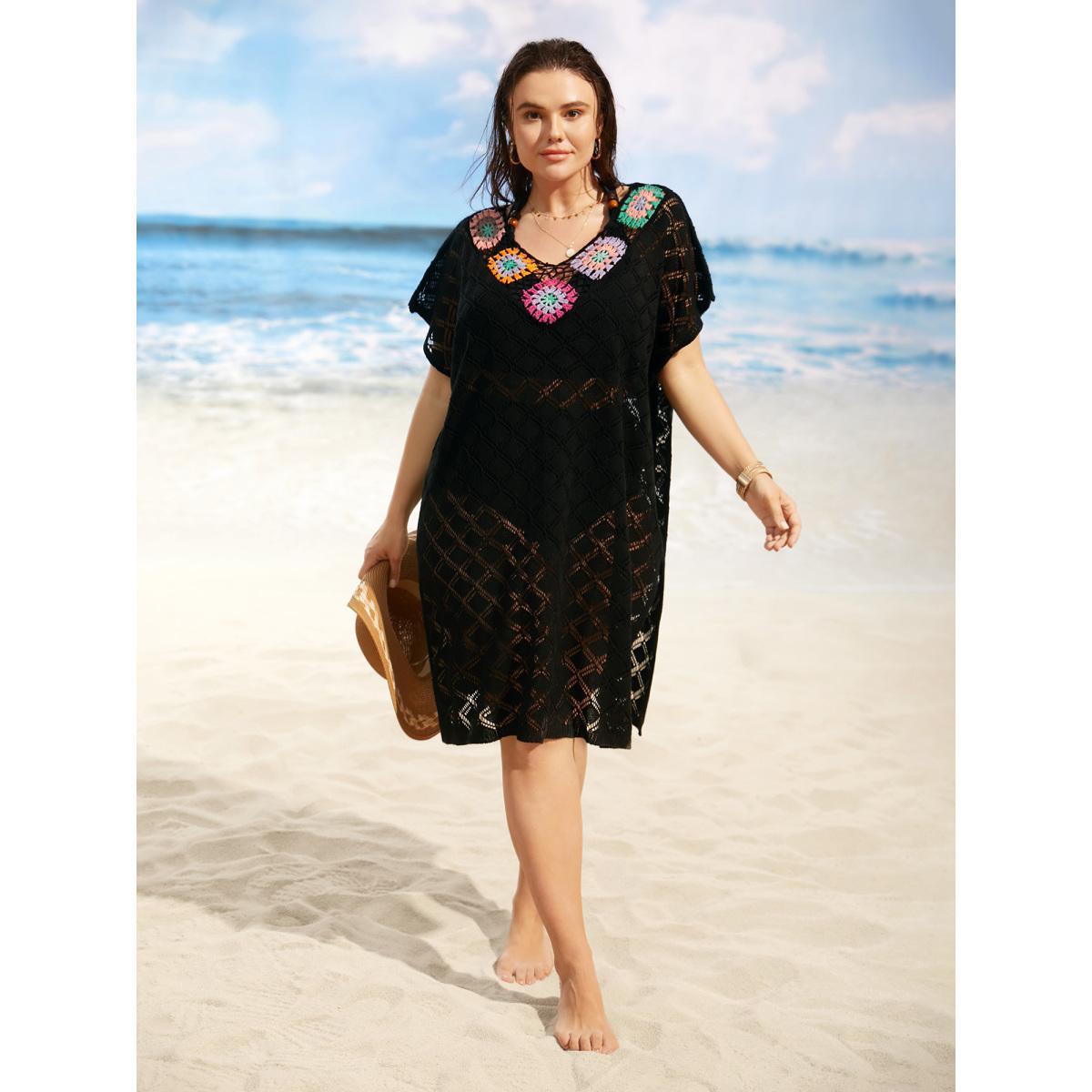 Plus Size Crochet Floral Split Side Dolman Sleeve Swim Cover Up Women's Swimwear Black Beach Loose Crochet Curve Swim Cover Ups BloomChic 30/6X Product Image