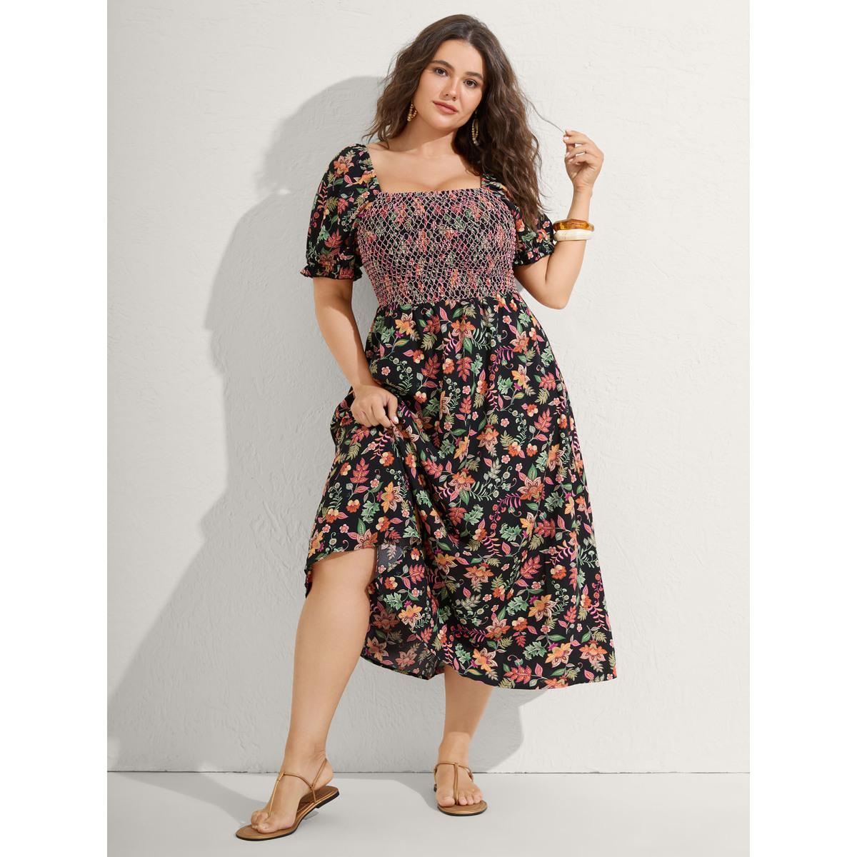 Plus Size Net Shirred Paisley Print Midi Dress Black Women Shirred Square Neck Short sleeve Curvy BloomChic 12/L Product Image