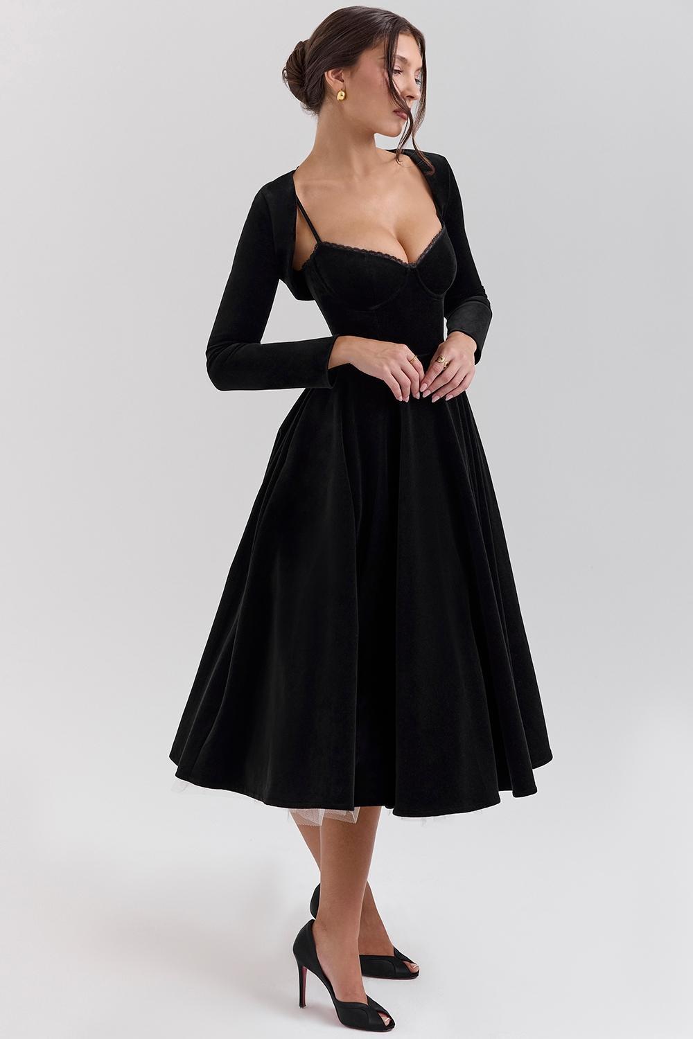 Mademoiselle Black Velvet Tulle Midi Dress + Bolero Product Image
