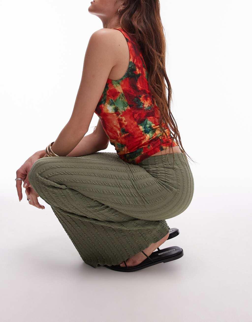 Topshop wiggle textured column maxi skirt in khaki  Product Image