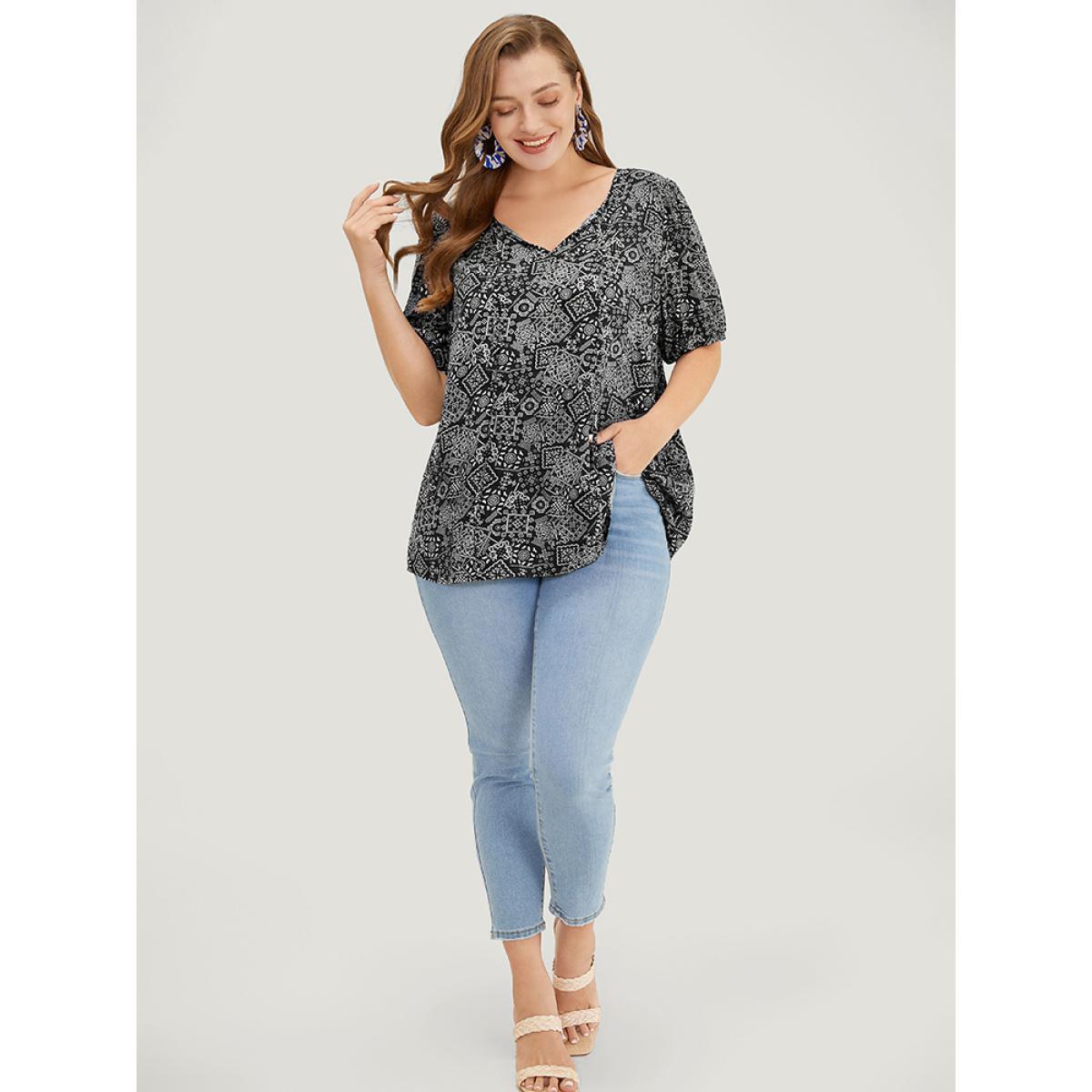 Plus Size Black Moroccan Print Keyhole Tie Neck Blouse Women Vacation Short sleeve V-neck Work Blouses BloomChic 18-20/2X Product Image