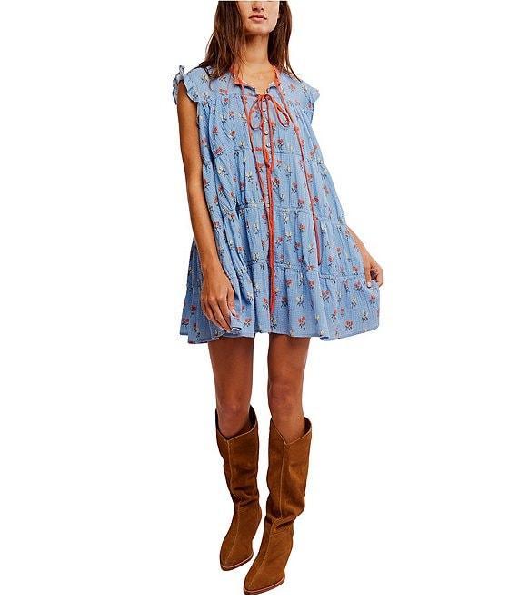 Free People Sundown Floral Print Split Neck Cap Sleeve Mini Dress Product Image