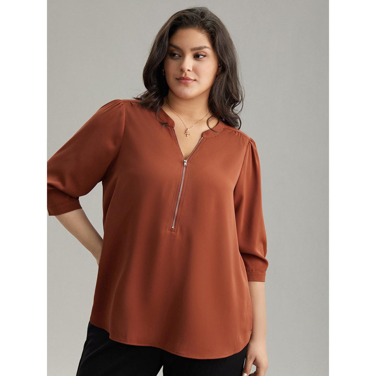 Plus Size Rust Plain Half Zip Gathered Blouse Women Work From Home Elbow-length sleeve V-neck Work Blouses BloomChic 22-24/3X Product Image