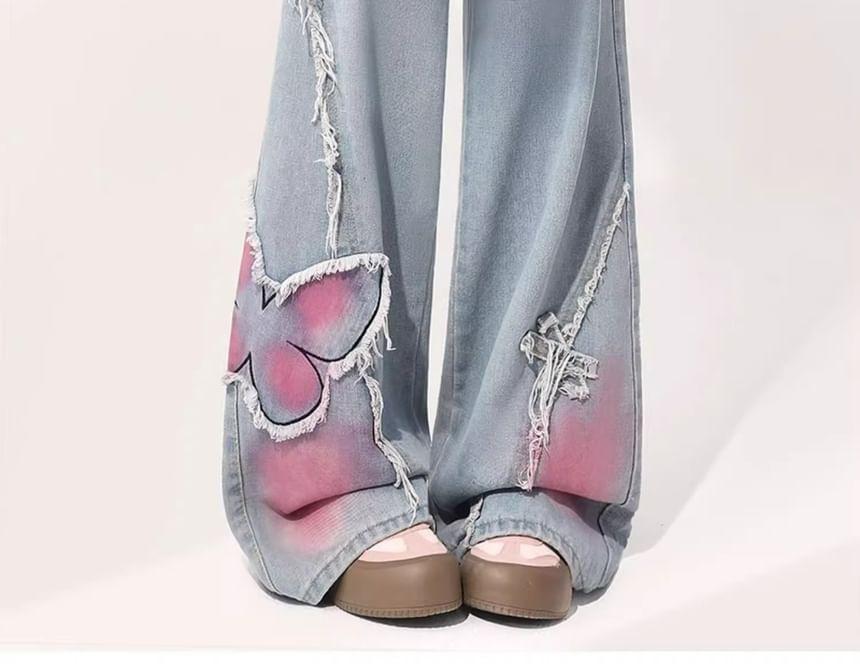 High Waist Washed Butterfly Wide Leg Jeans Product Image
