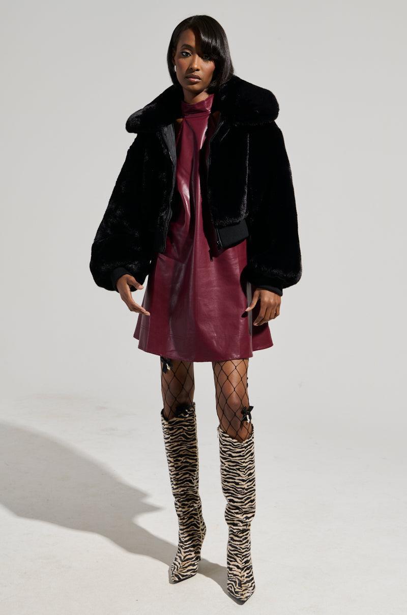 DREW FAUX FUR BOMBER WITH RIB TRIM IN BLACK Product Image