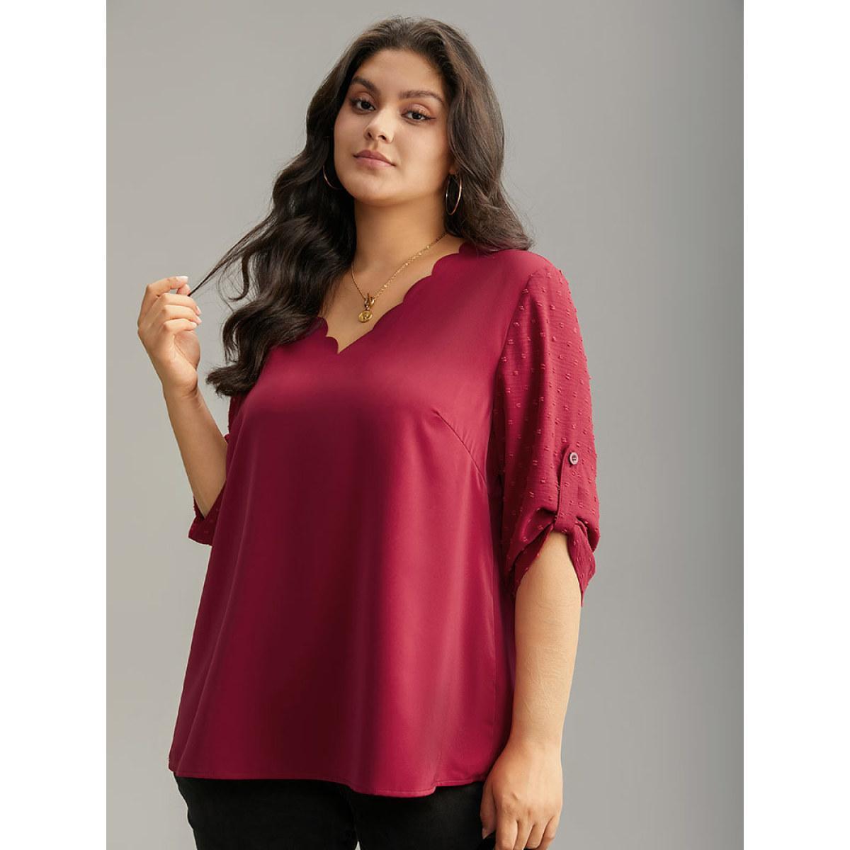 Plus Size Scarlet Plain V Neck Tab Sleeve Scalloped Trim Blouse Women Office Elbow-length sleeve V-neck Work Blouses BloomChic 28/5X Product Image