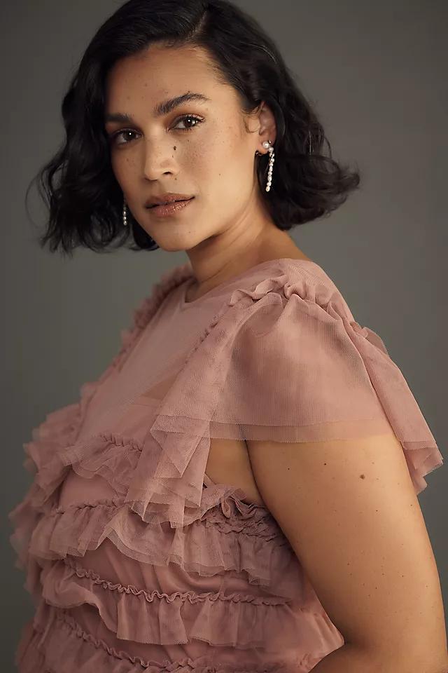 By Anthropologie Ruffle-Sleeve Tiered Tulle Midi Dress Product Image