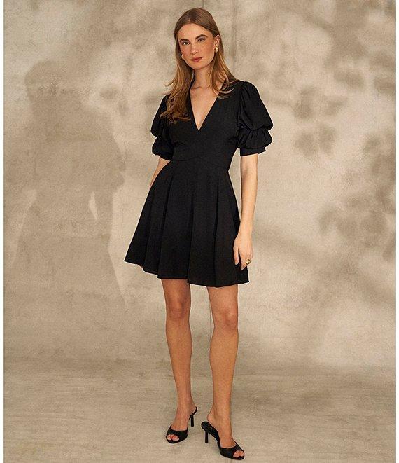 1. STATE Short Puffed Sleeve V-Neck Suede Satin Mini Dress Product Image