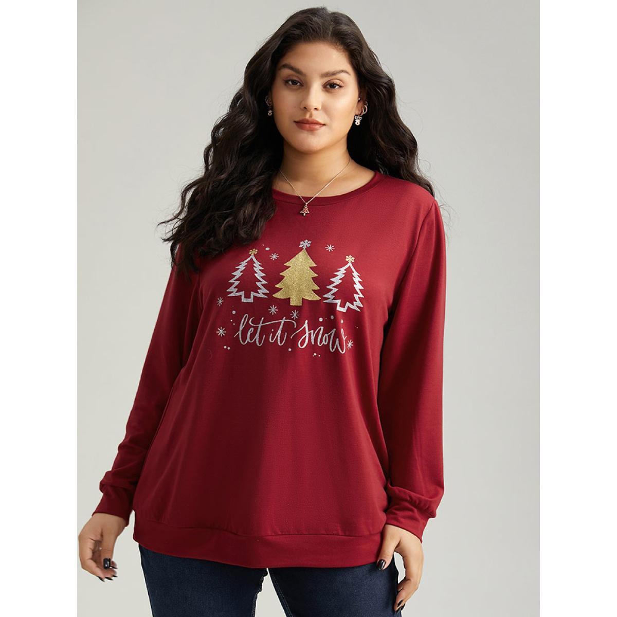 Plus Size Christmas Trees Round Neck Sweatshirt Women Raspberry Casual Printed Festival-Christmas Sweatshirts BloomChic 14-16/1X Product Image