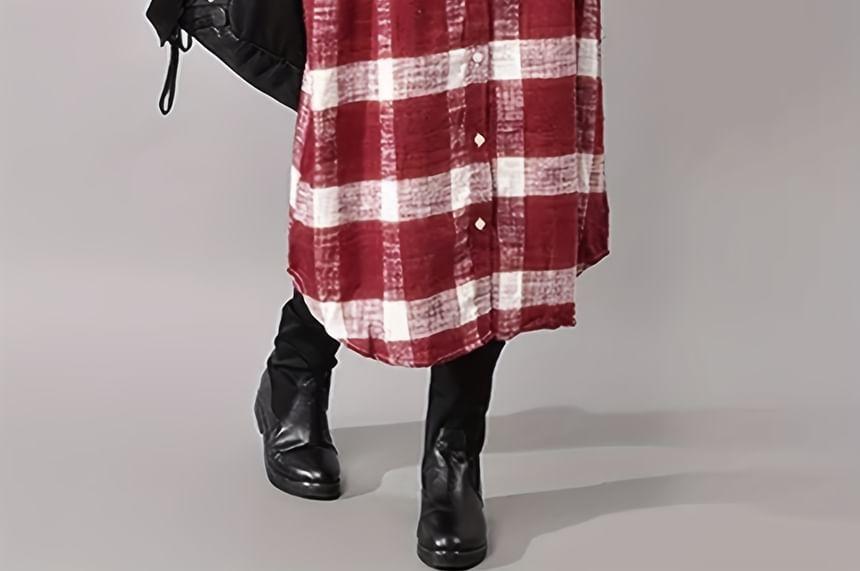 Long Sleeve Collared Plaid Button Down Maxi Shirt Dress Product Image