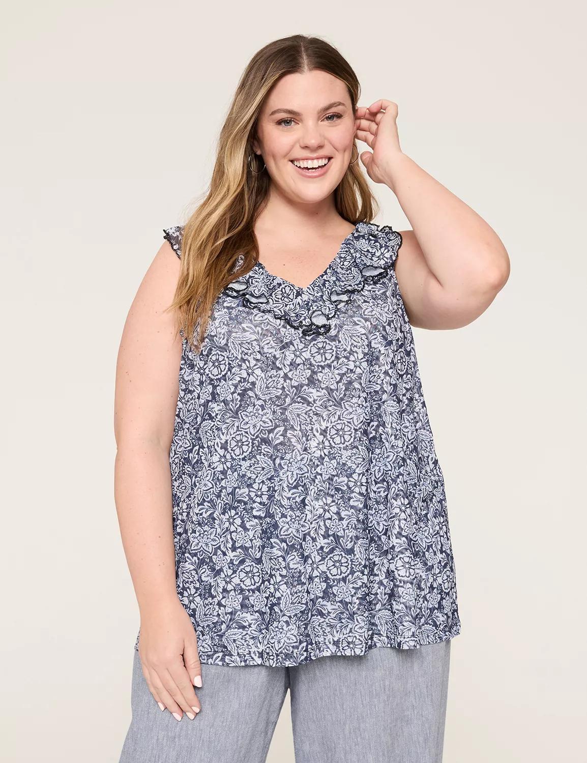Sleeveless Ruffle V-Neck Mesh Top Product Image