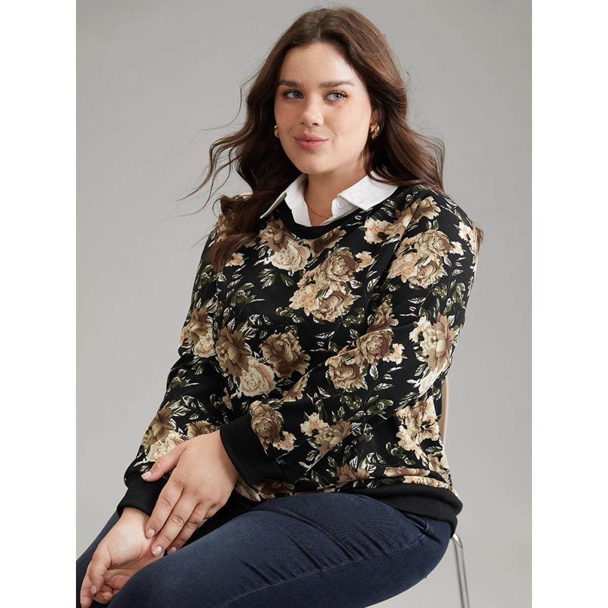 Plus Size 2-In-1 Floral Print Shirt Collar Sweatshirt Women BlackFlower Elegant Printed Shirt collar Dailywear Sweatshirts BloomChic 10/M Product Image