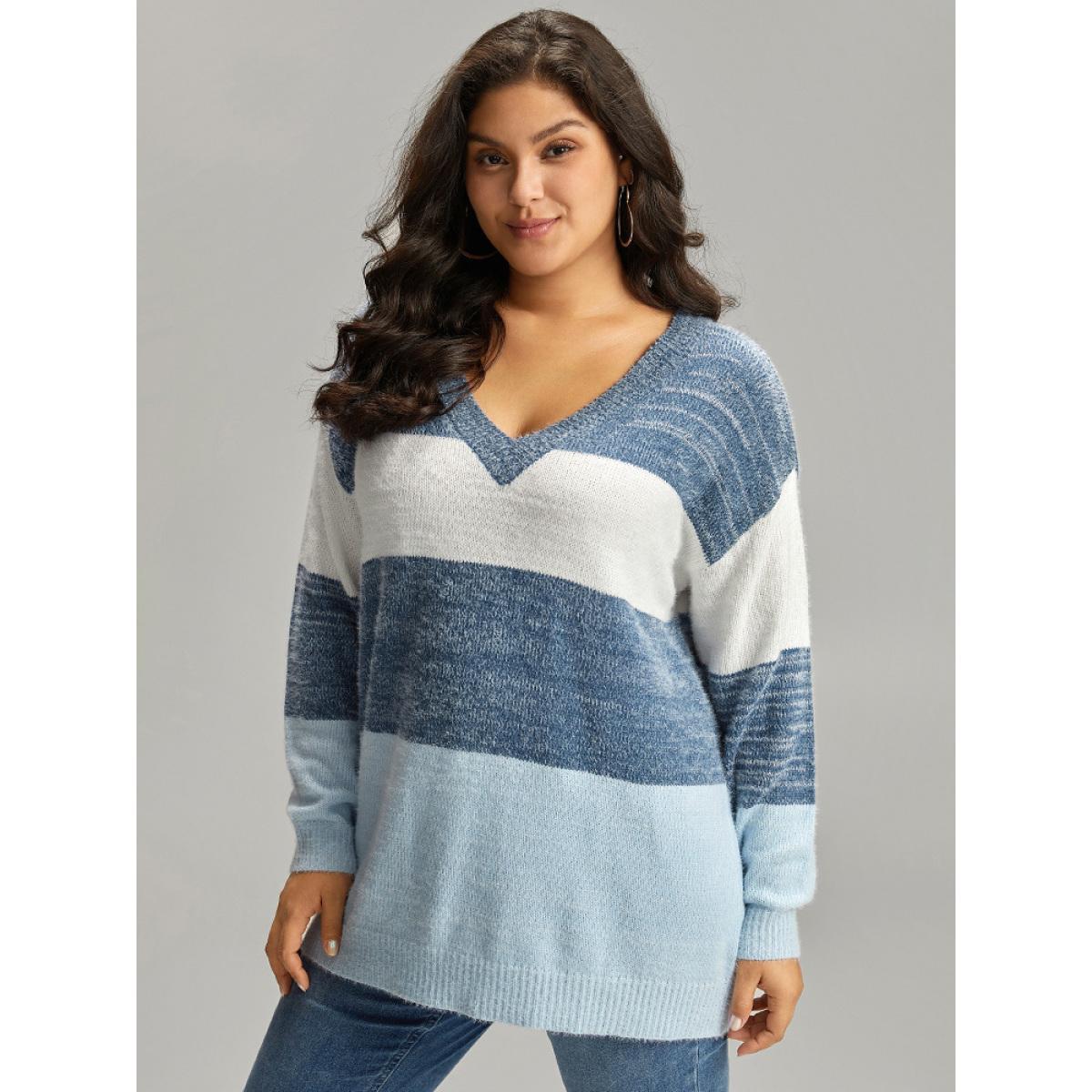 Plus Size Colorblock Contrast V Neck Pullover Multicolor Women Casual Long Sleeve V-neck Dailywear Pullovers BloomChic 28/5X Product Image