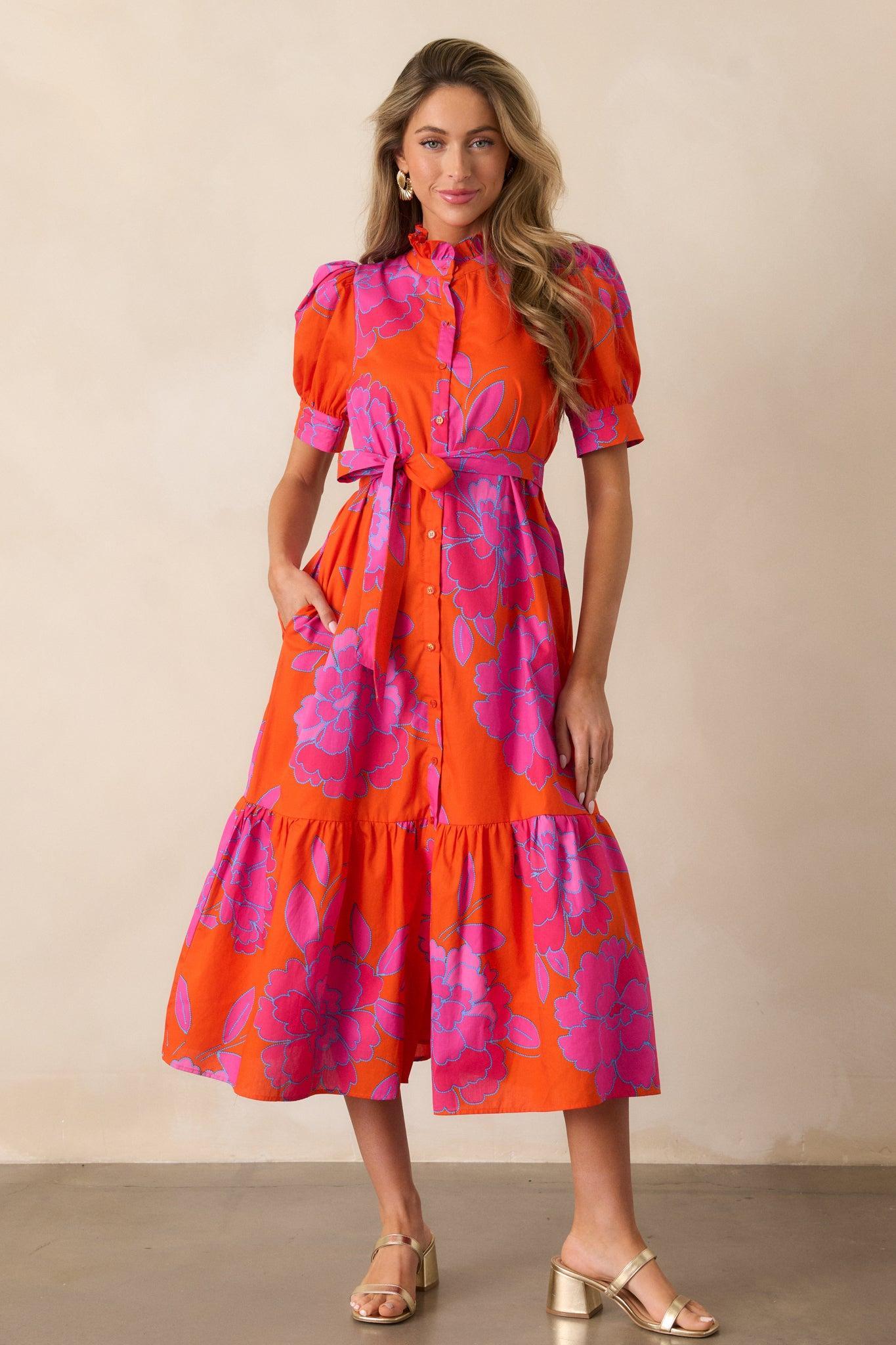 Free To Fly Cotton Orange Floral Button Front Midi Dress Product Image