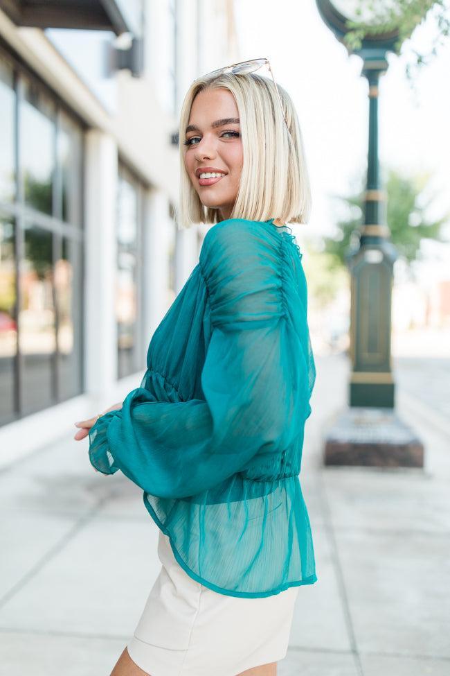 Breathe Deeper Jade Sheer Ruched Blouse FINAL SALE Product Image