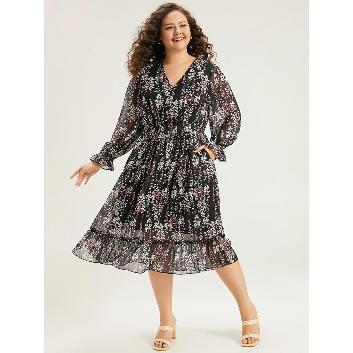 Plus Size Ditsy Floral Chiffon Patchwork Frill Trim Dress Black Women Elegant See through V-neck Long Sleeve Curvy Midi Dress BloomChic 12/L Product Image