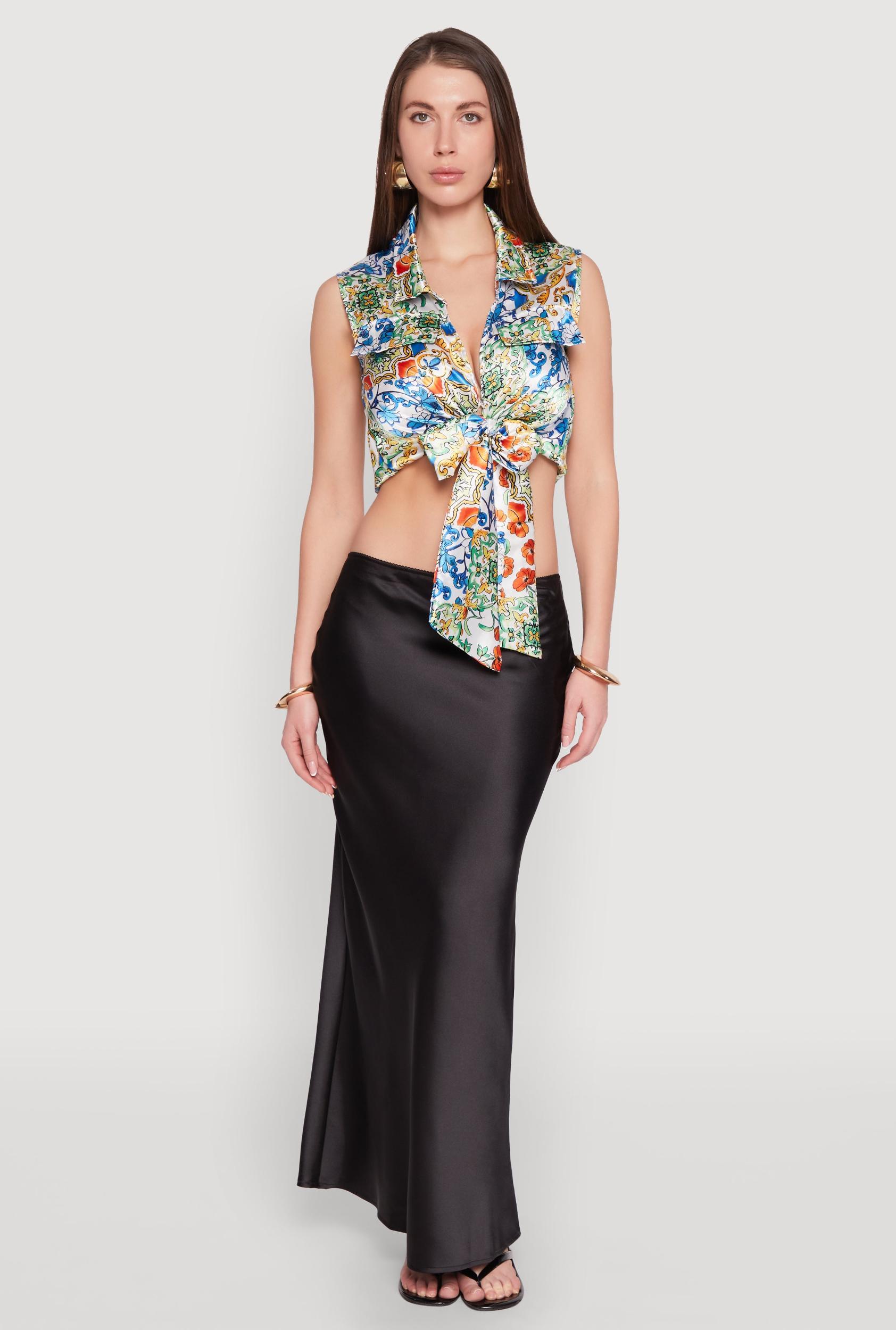 Womens Satin Printed Pattern Tie Front Blouse Product Image