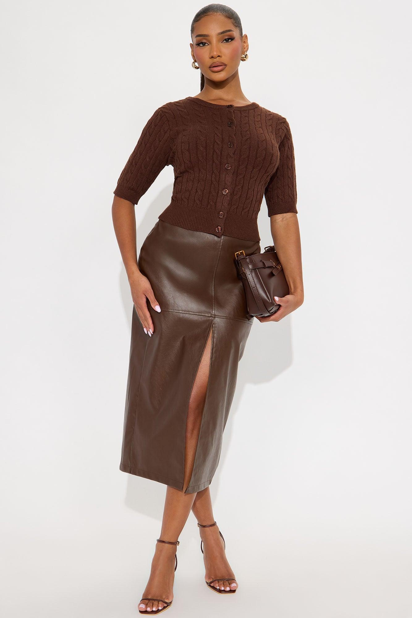 Elowen Short Sleeve Cable Knit Cardigan - Chocolate Female Product Image