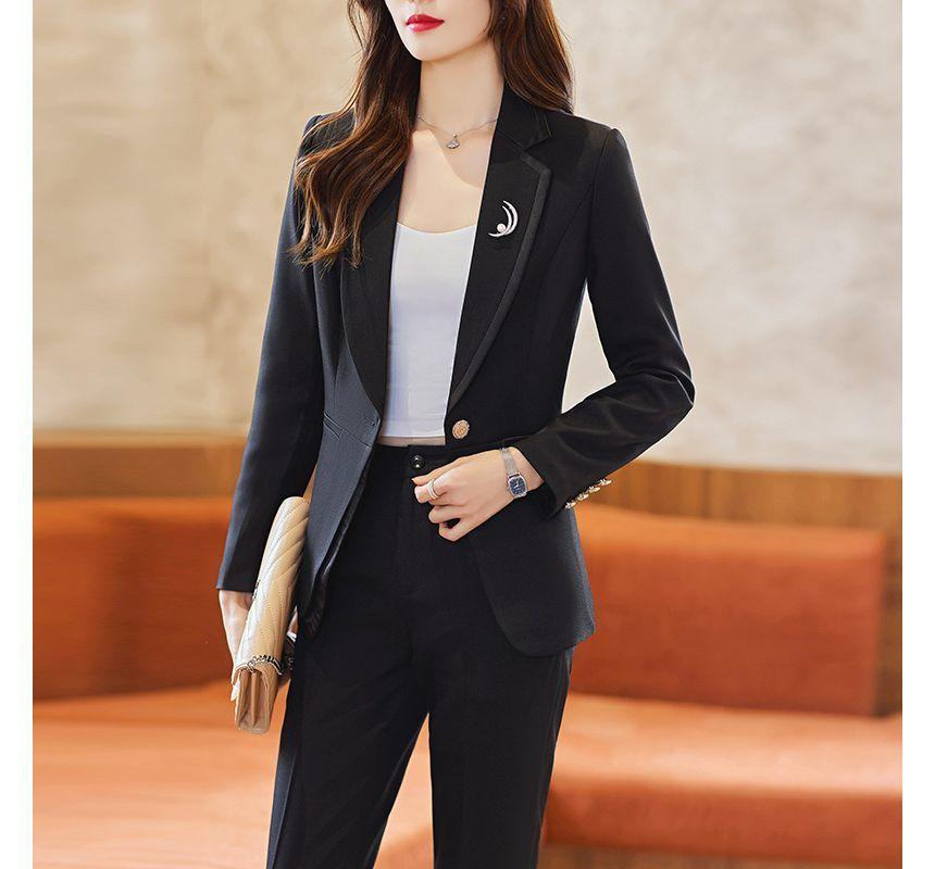 Notch Lapel Plain Asymmetrical Single Breasted Blazer / High Rise Cropped Straight Leg Suit Pants / Set Product Image