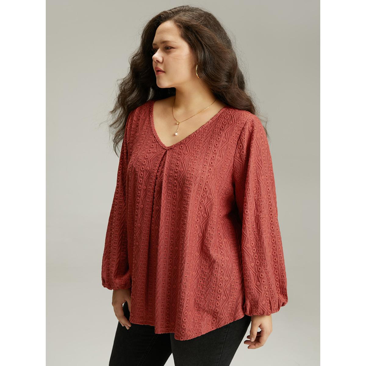 Plus Size Keyhole Plicated Detail Lantern Sleeve T-shirt Rust Women Elegant Elastic cuffs Plain V-neck Dailywear T-shirts BloomChic 30/6X Product Image