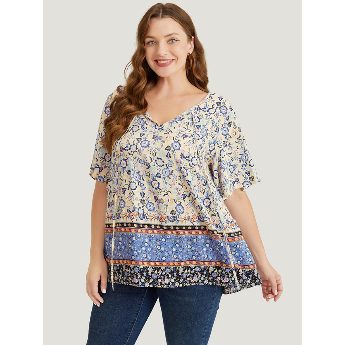 Plus Size Multicolor Bandana Printed Ties Front Ruffle Sleeve Blouse Women Vacation Short sleeve Tie Neck Dailywear Blouses BloomChic 14-16/1X Product Image