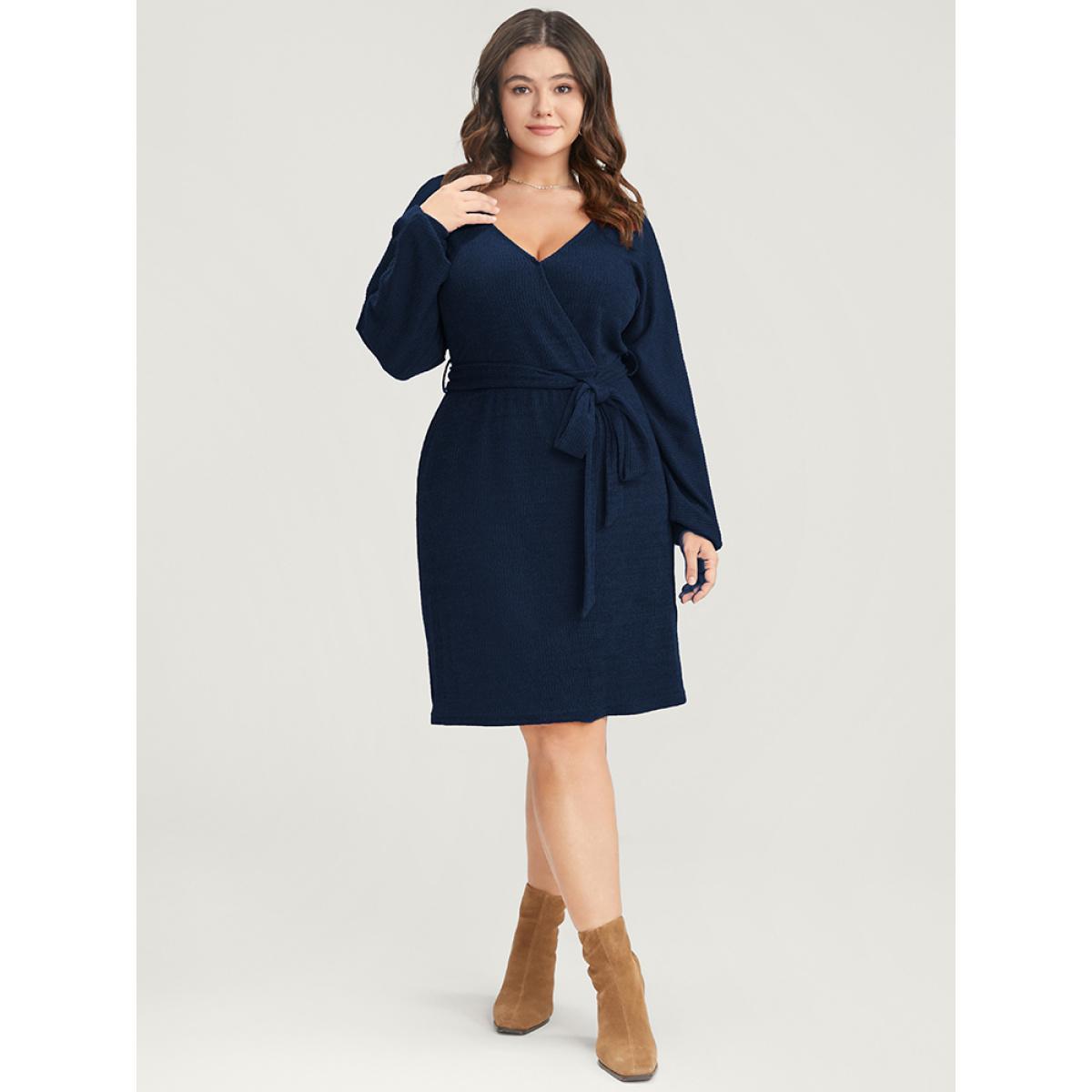 Plus Size Solid Surplice Neck Belted Knit Dress Navy Women Glamour Cross straps V-neck Long Sleeve Curvy Knee Dress BloomChic 10/M Product Image