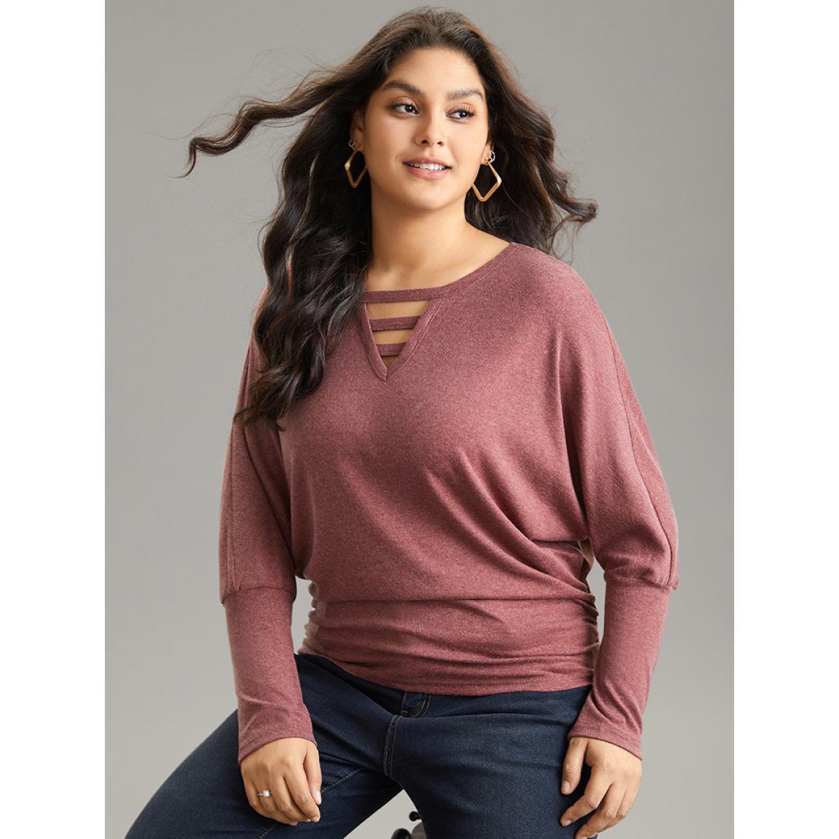 Plus Size Solid Heather Keyhole Batwing Sleeve T-shirt Russet Women Casual Plain Plain Keyhole Cut-Out Everyday T-shirts BloomChic 26/4X Product Image