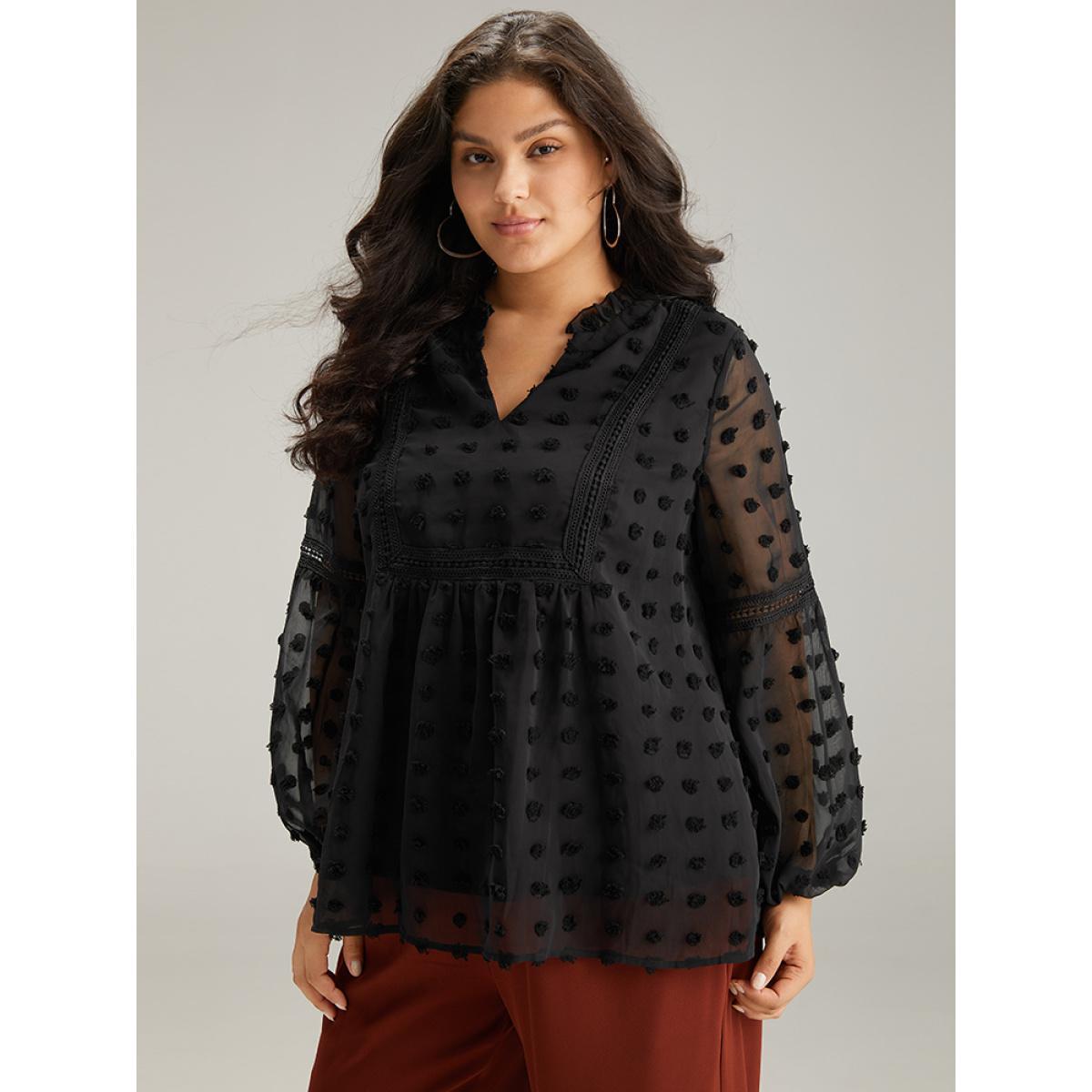 Plus Size Black Polka Dot Frill Trim Mesh Blouse Women Elegant Long Sleeve Notched collar Dailywear Blouses BloomChic 28/5X Product Image