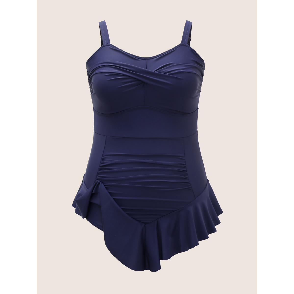 Plus Size Plain Crossover Flutter Trim One Piece Swimsuit Women's Swimwear Indigo Beach Curve Bathing Suits High stretch One Pieces BloomChic 28/5X Product Image