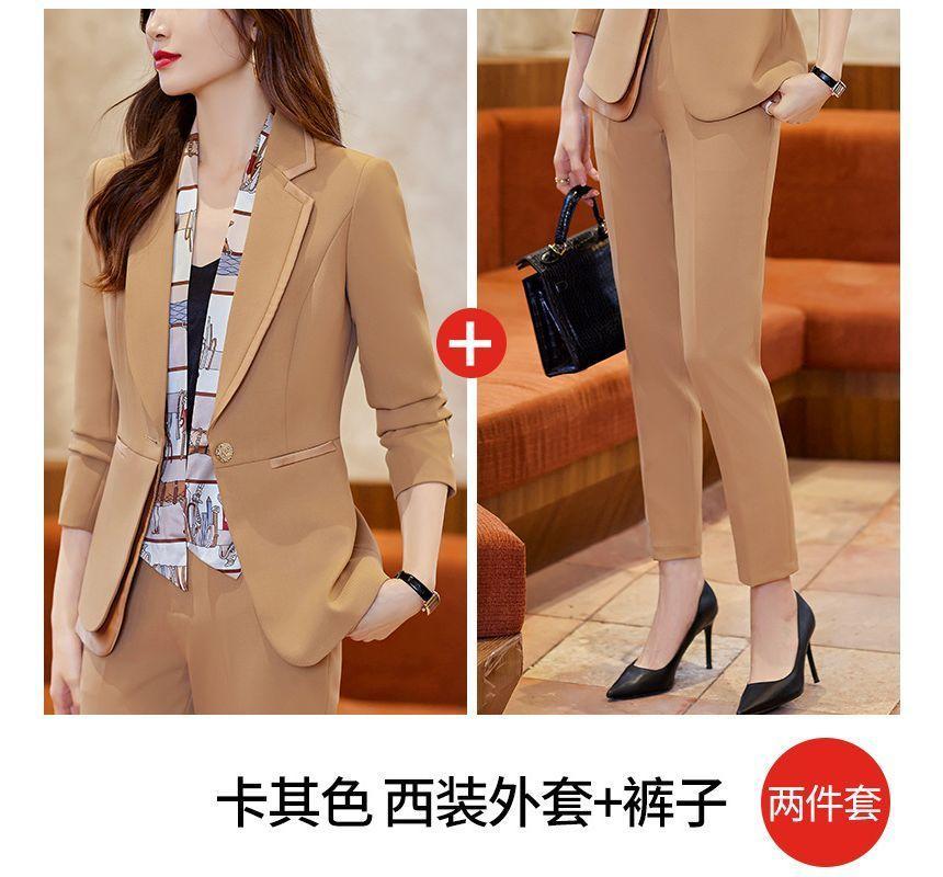 Notch Lapel Plain Asymmetrical Single Breasted Blazer / High Rise Cropped Straight Leg Suit Pants / Set Product Image