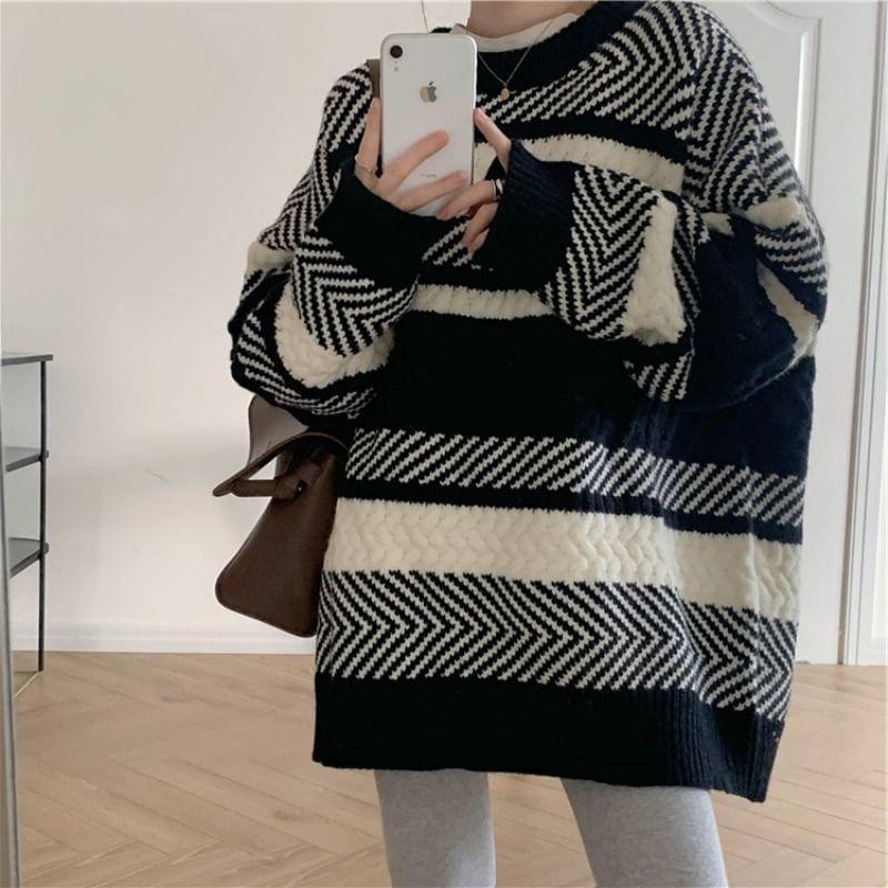 Round Neck Herringbone Oversized Sweater Product Image