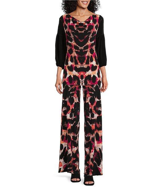 Eva Varro Abstract Animal Print Knit Jersey Cowl Neck 3/4 Lantern Sleeve Tunic Product Image