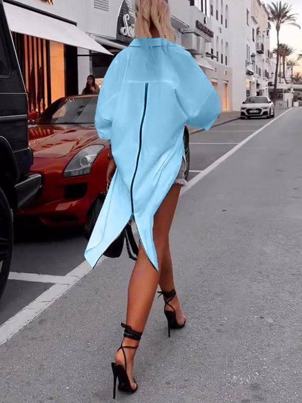High-Low Long Sleeves Buttoned Solid Color Zipper Lapel Blouses&Shirts Tops Product Image