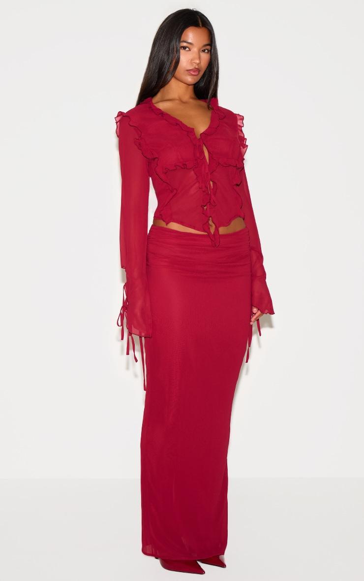 Burgundy Chiffon Ruffle Tie Front Blouse Product Image